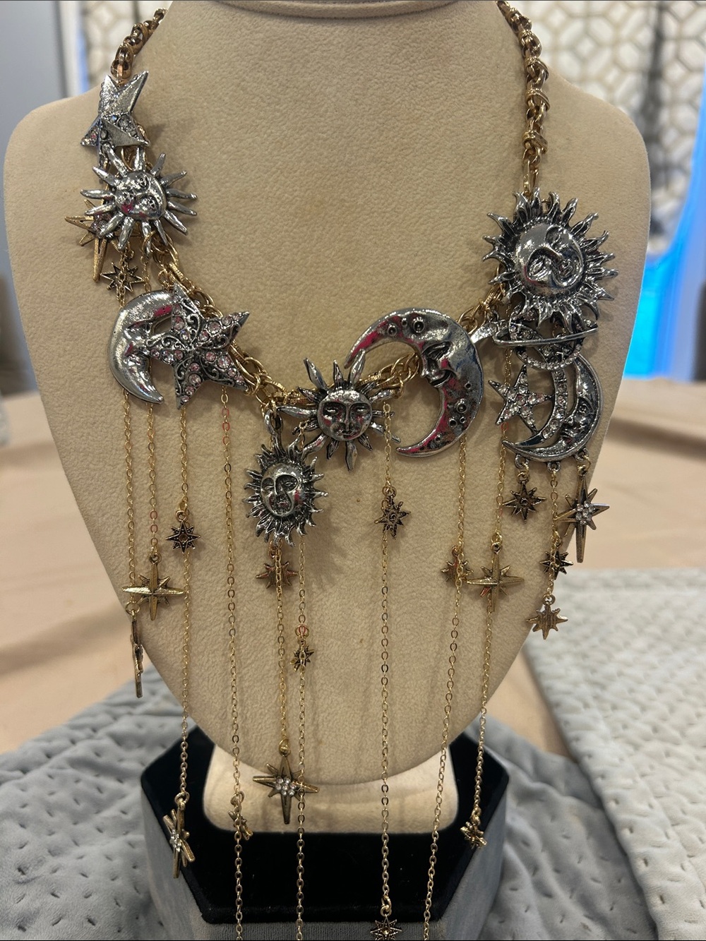 Incredible Celestial Sun, Moon & Star Statement Necklace-Gold and Silver-NWT